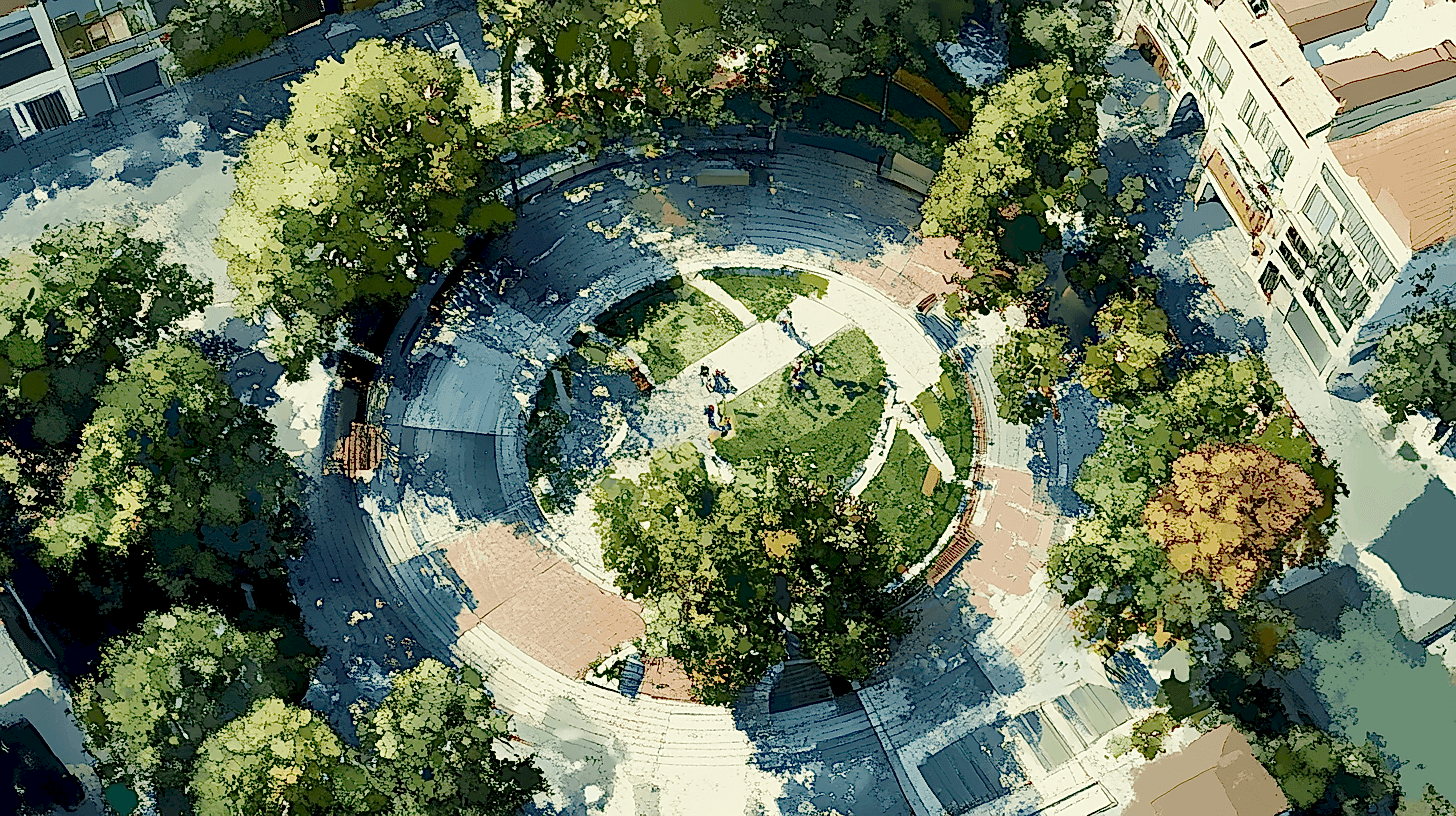 Boş bir araziye yerleştirilmiş, yeşilliklerle çevrili ve oturma alanları bulunan bir cep parkı.