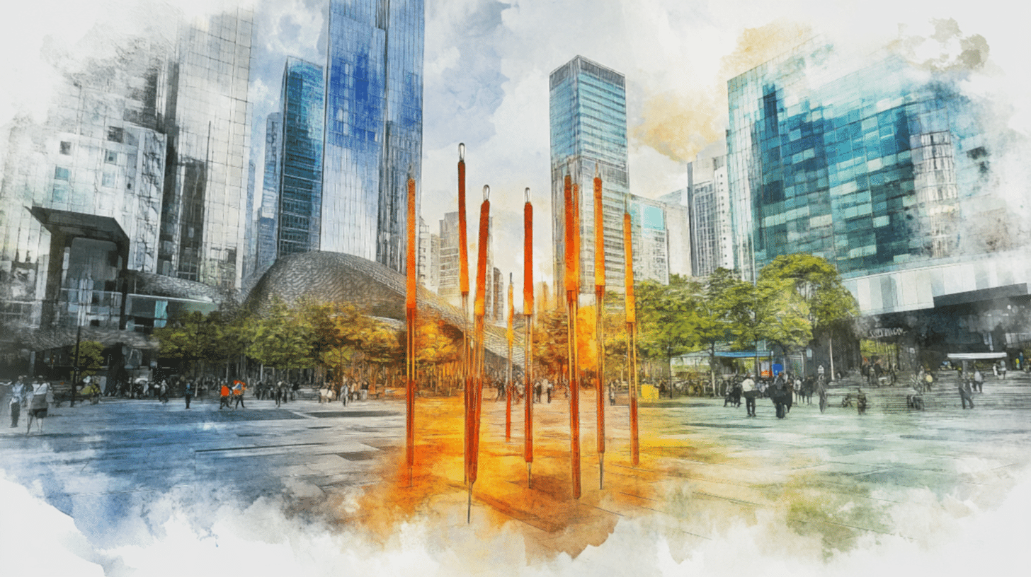 Kent içinde, binalar arasında yer alan küçük bir bahçe alanı ve yürüyüş yolu.