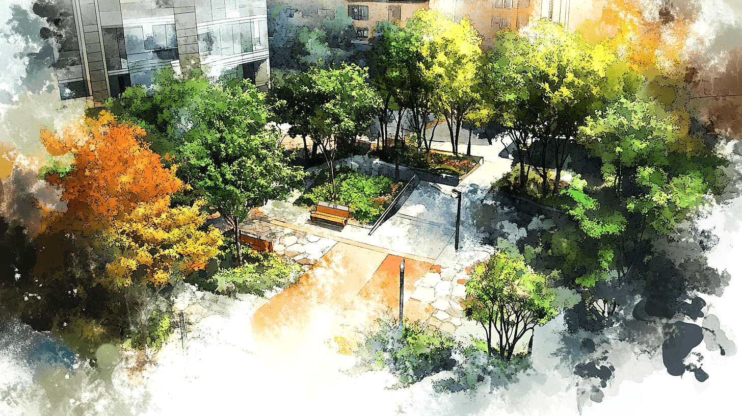 Şehir merkezinde yer alan küçük bir cep parkı, insanların dinlenmesi için banklar ve ağaçlarla donatılmış.