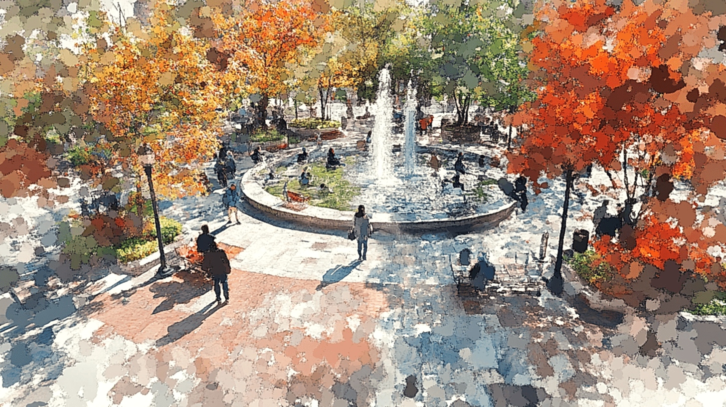 Topluluk tarafından kullanılan küçük bir cep parkı, çimenler, çiçekler ve ağaçlarla süslenmiş.